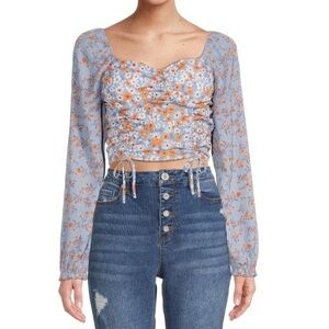 Madden NYC Shirred Print Peasant Top XXL Cropped Puffy Sleeves Cottage Milkmaid